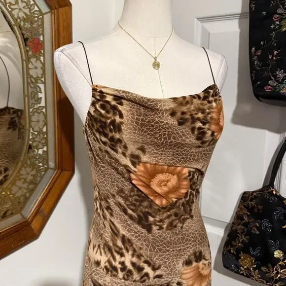 VTG Y2K A Byer Brown, Orange & Gold Animal Floral Printed Cowl Neck Cami Top - Picture 2 of 7